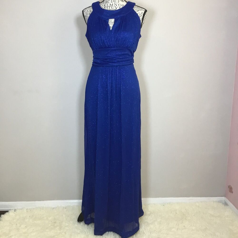 Royal blue sparkly long dress formal gown stretchy sleeveless lined bling L
